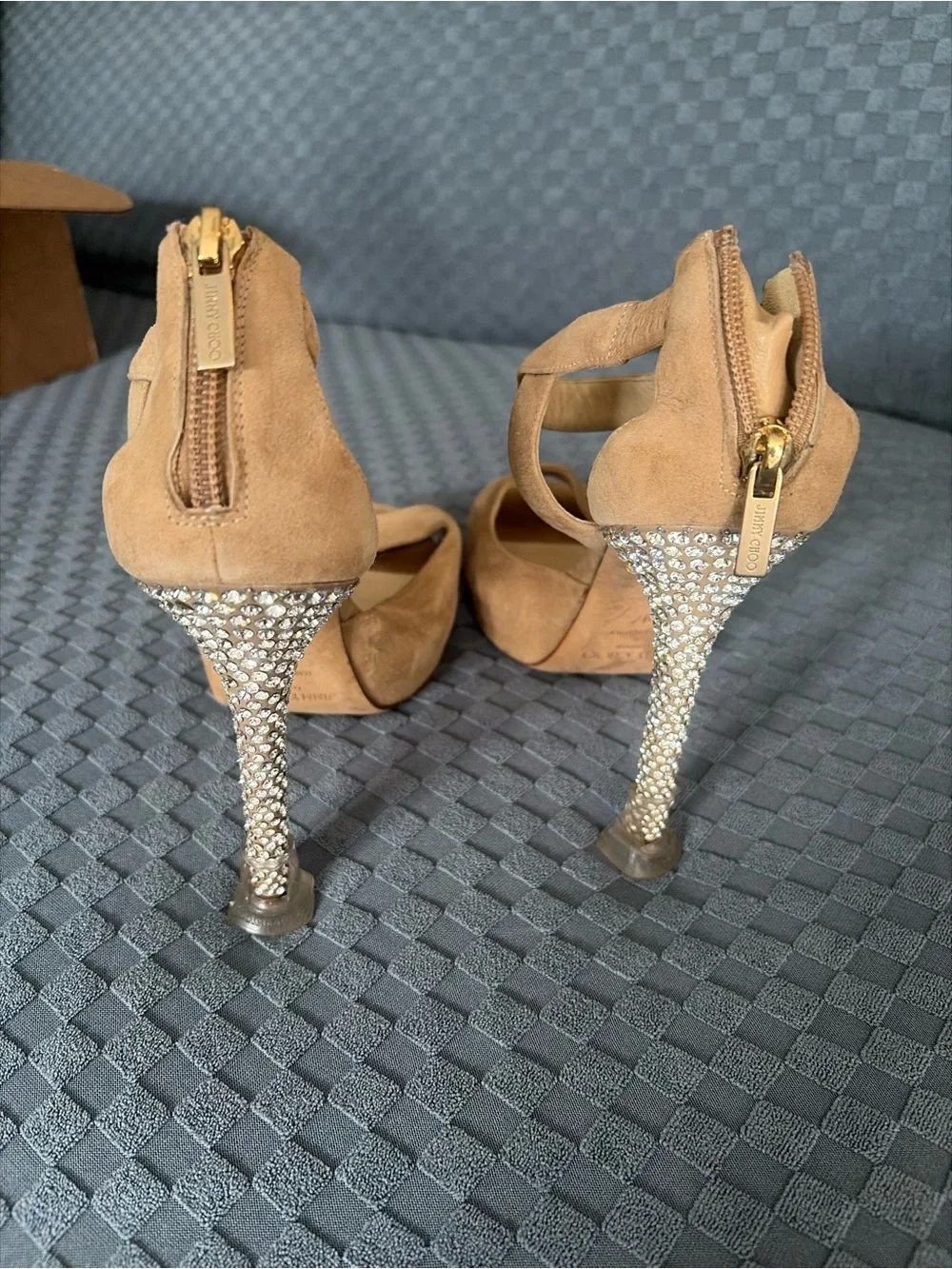 Jimmy Choo Tan Suede Peep-Toe Heels with Rhinestone Stiletto